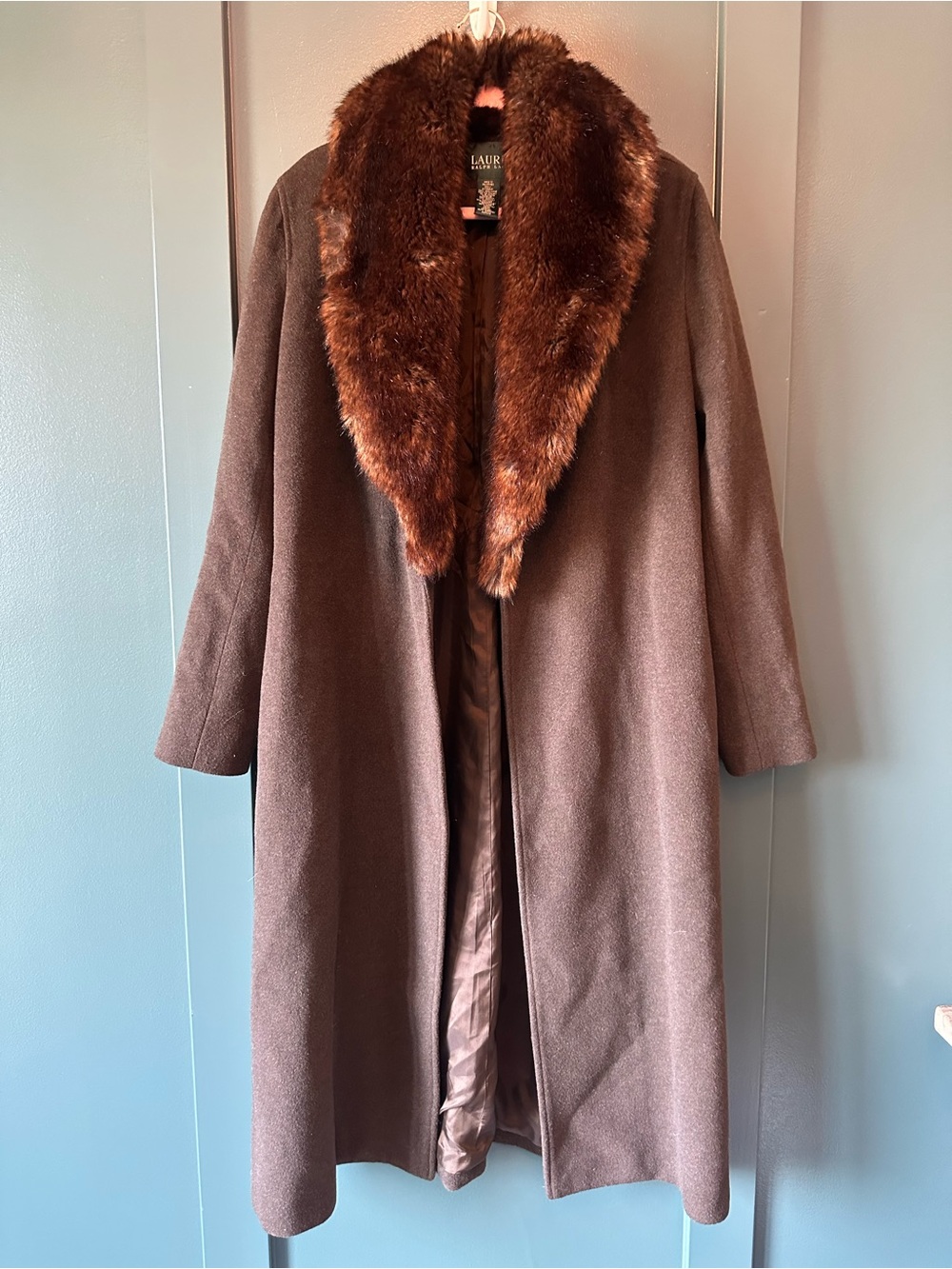 Ralph Lauren Brown Wool Trench Coat with Faux Fur Collar